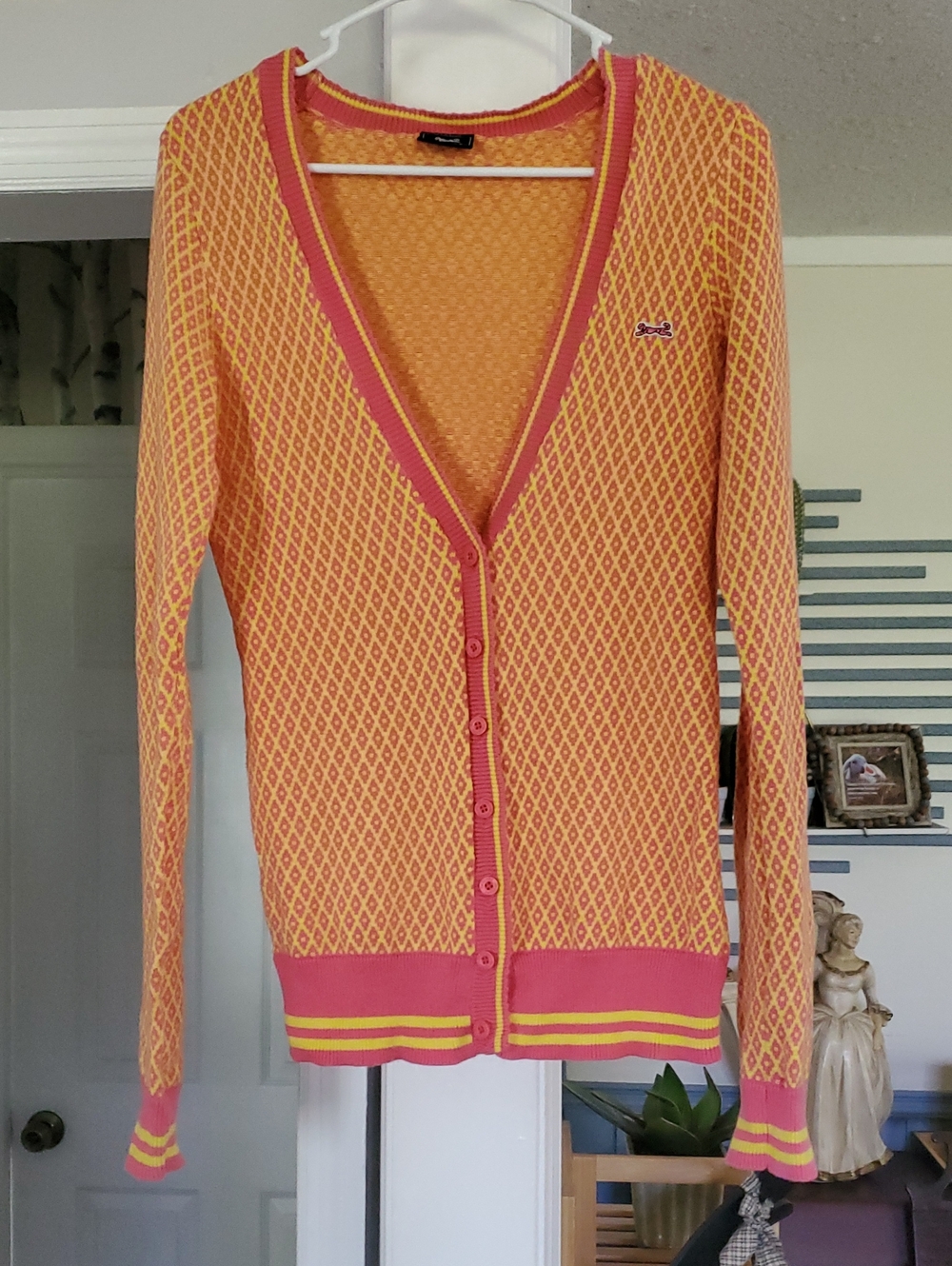 Le Tigre Yellow and Pink Diamond-Pattern Cardigan. Small. - Picture 2 of 12